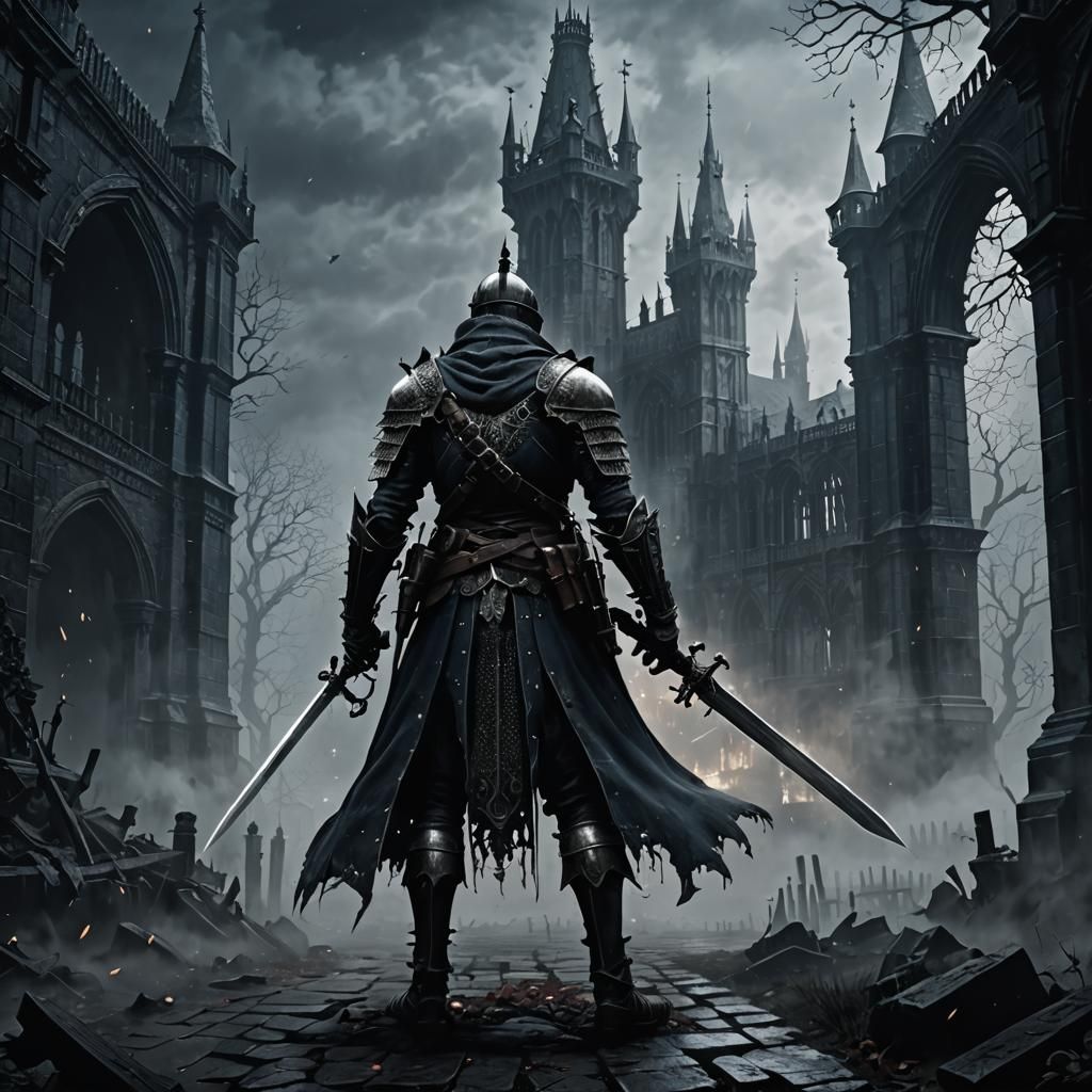 Dark Fantasy Knight in Gothic Landscape