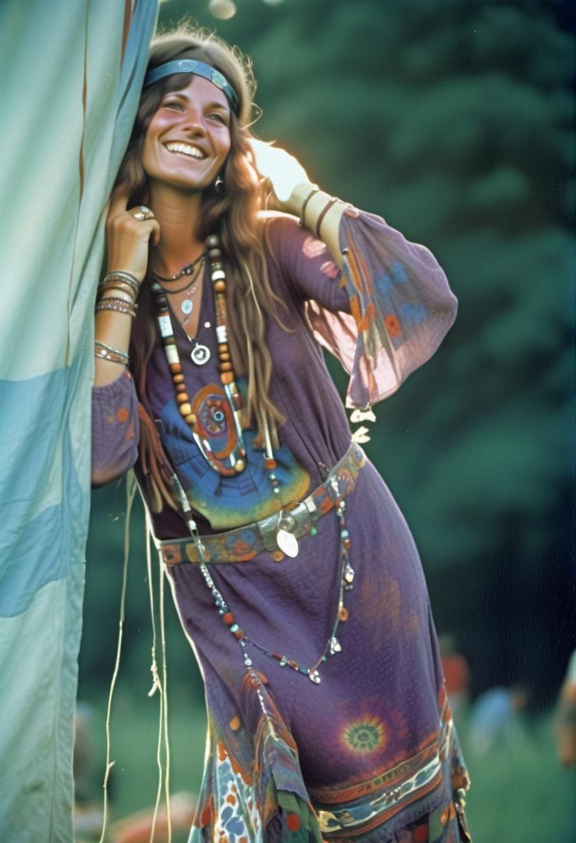 Hippy Woman at Woodstock Festival, Vintage Photograph