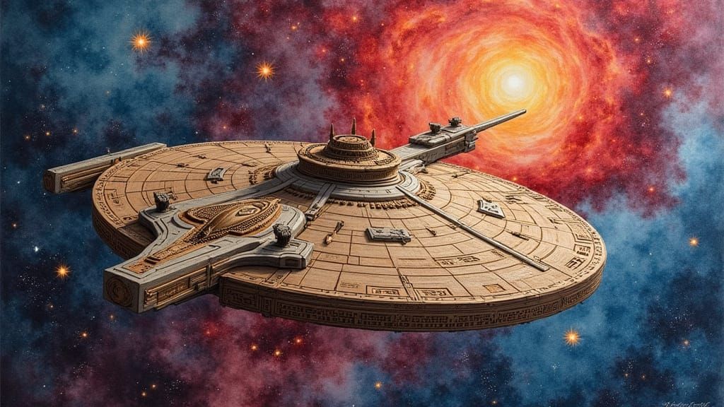 Wooden Deep Space Nine in Watercolor Nebula