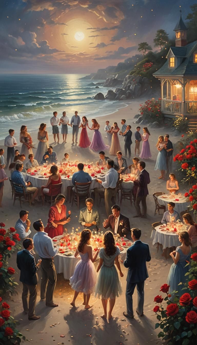 Ethereal Midnight Beach Party in Oil Painting Style