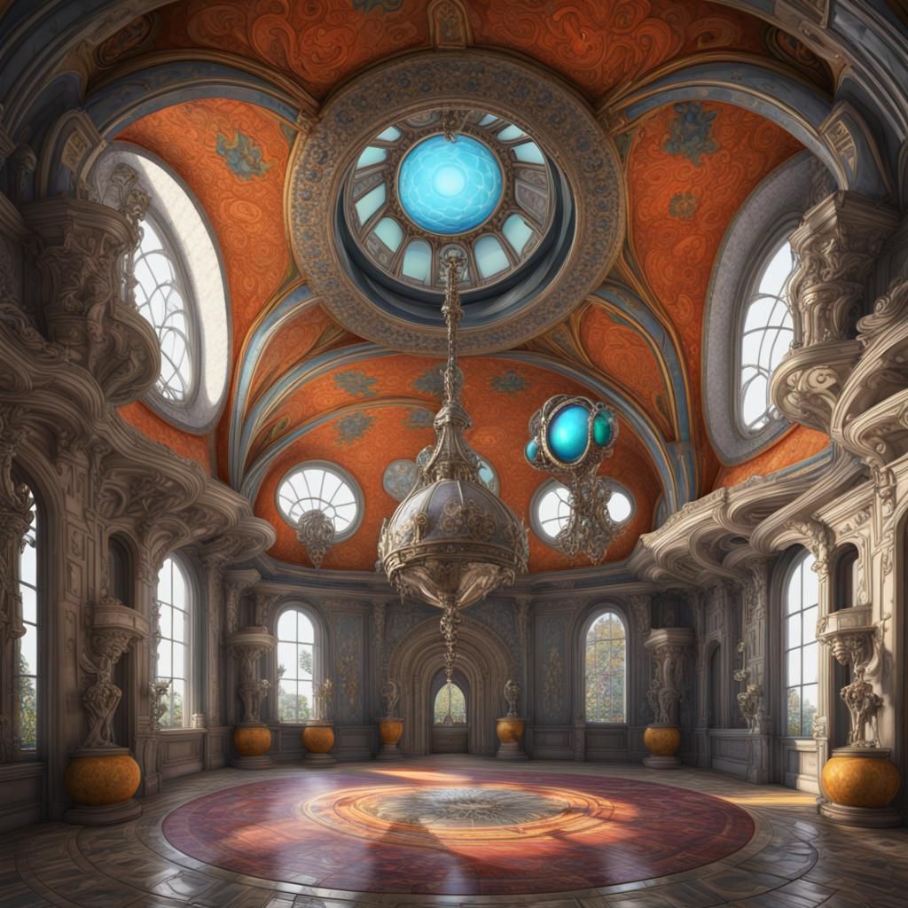 Ornate Stone Hall with Shields in Art Nouveau Style