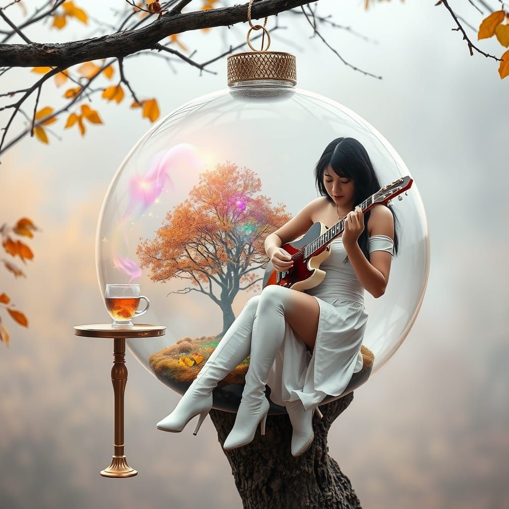 Misty Autumn Scene with Snow and Glass Bauble