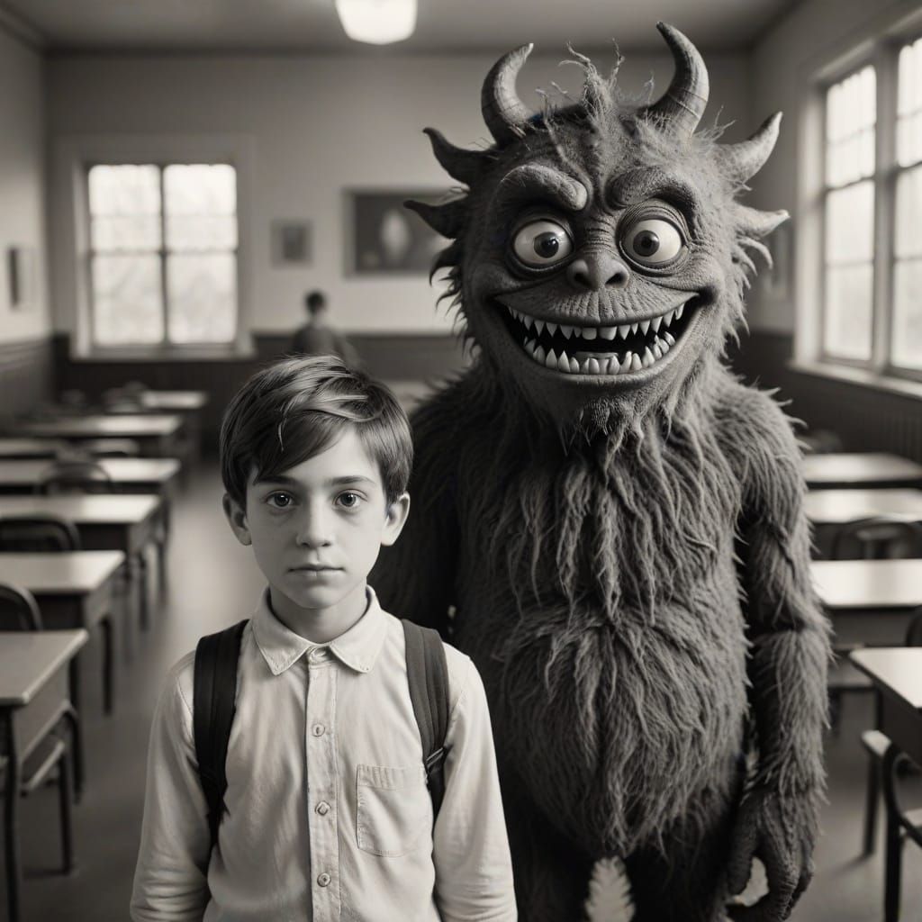 Boy and Friendly Monster at School in Vintage Style