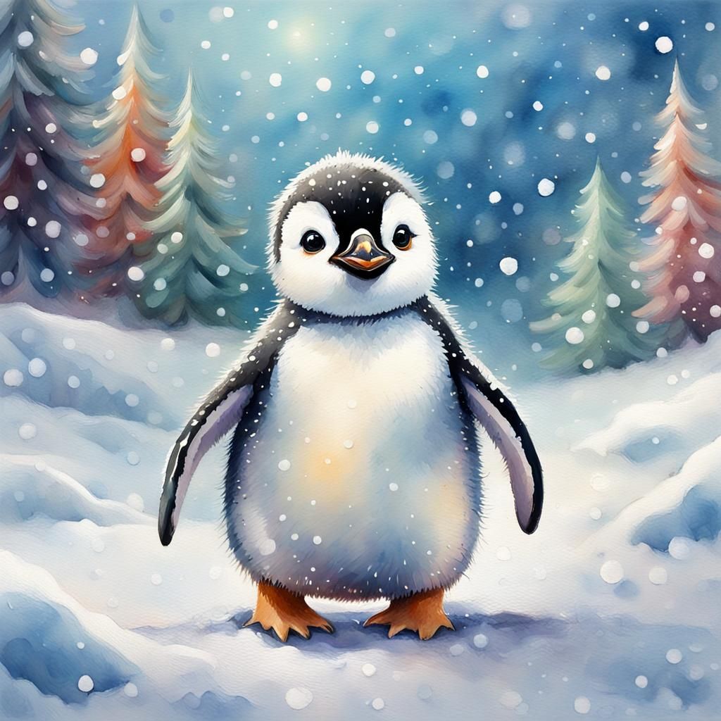 Baby Penguin in Winter Wonderland: Gouache Watercolor Style