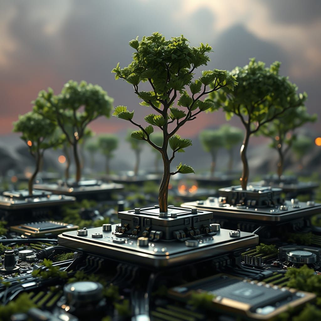 Microchips Sprouting Trees in Sci-Fi Landscape