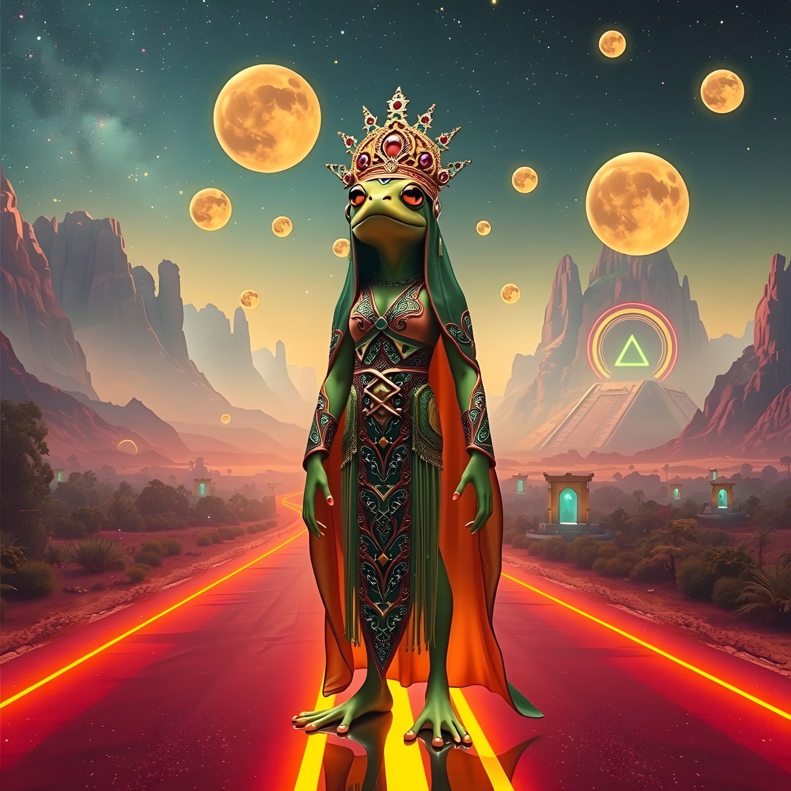 Surreal Futuristic Frog Queen Reigns Over Cosmic Rainforest