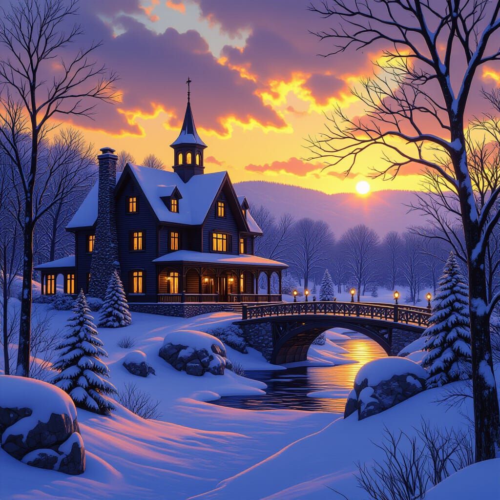 Vermont Winter Landscape in Dark Fantasy Style