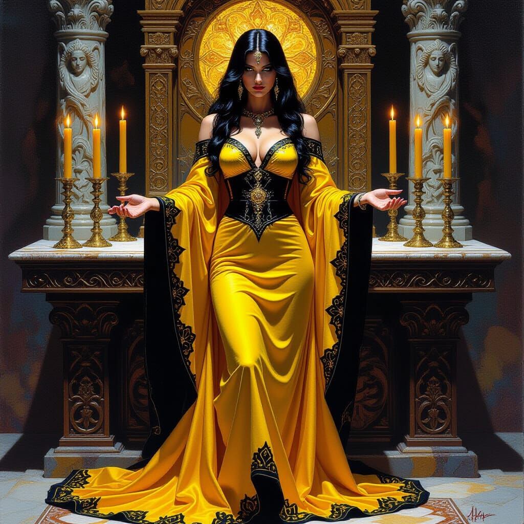 Ornate Altar Scene in Frazetta Style Fantasy Oil Painting