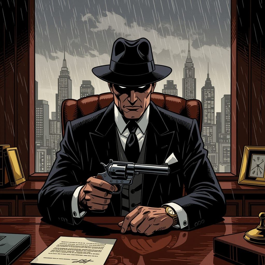 Mob Boss Overlooking City in Noir Comic Style