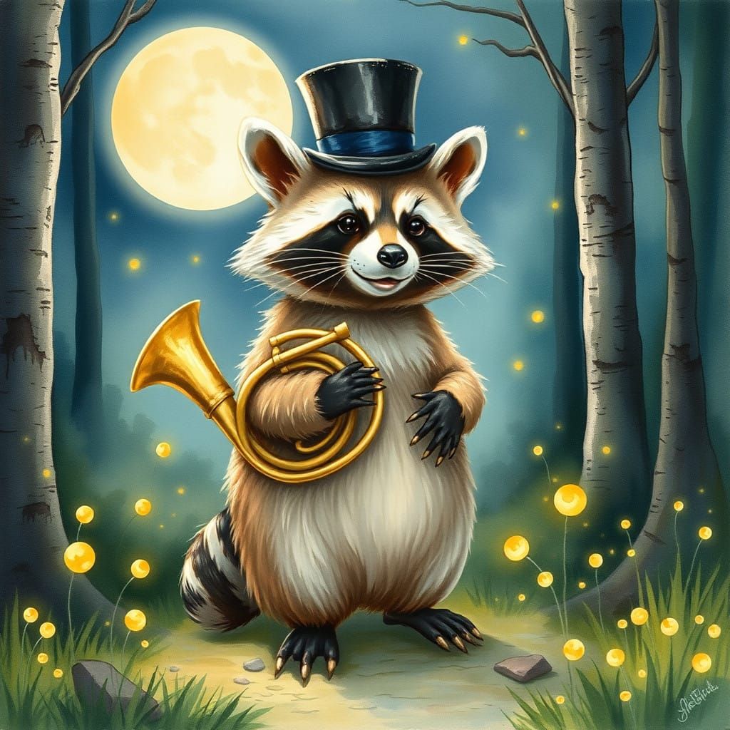 Raccoon Plays French Horn in Moonlit Whimsy