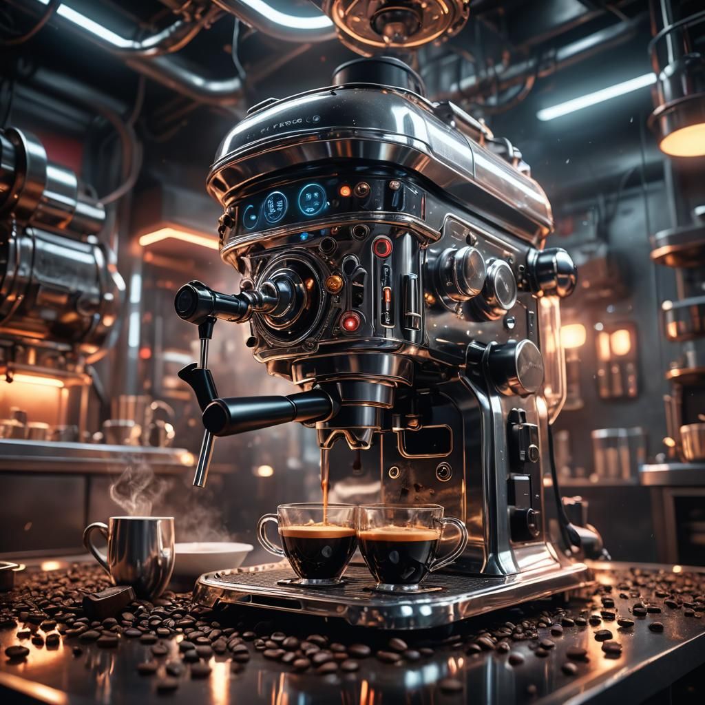 Futuristic Sci-Fi Coffee Maker: Hyper-Realistic Digital Art