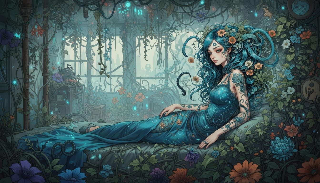 Cyberpunk Damsel in Floral Overgrown Bedroom