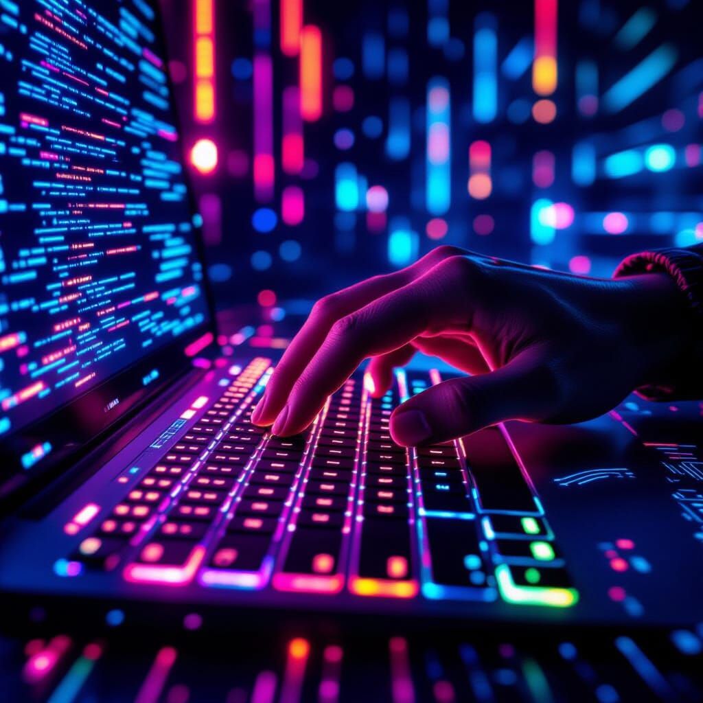 Cyberpunk Hand Controls Digital World with Neon Keyboard