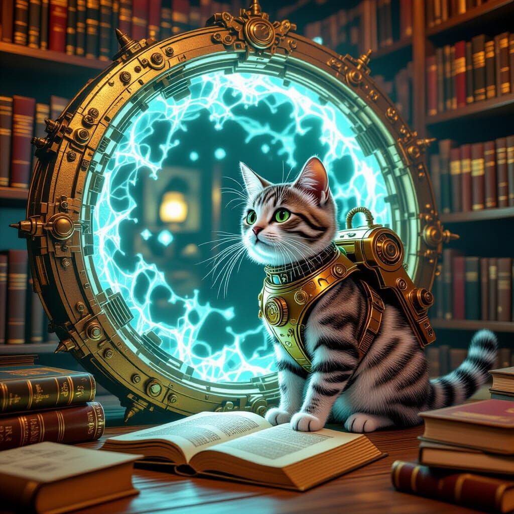 Steampunk Cat on Books in a Library