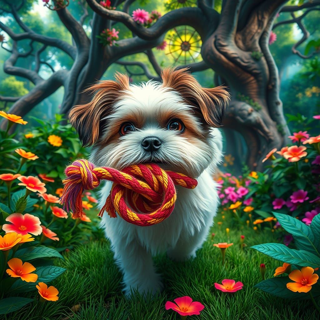 Whimsical Shih Tzu Plays with Rope Toy in Enchanted Backyard...