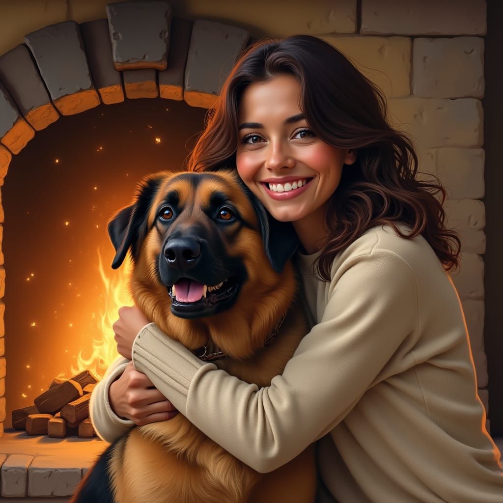 Woman Hugs German Shepherd by Fireplace in Oil Painting Styl...