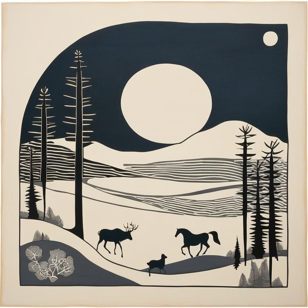 Minimalist Woodcut of Stylized Winter Scene