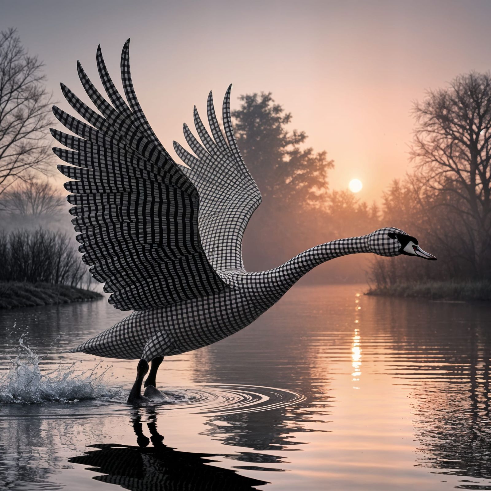 Gingham Swan Takes to Morning Skies in Hyperrealistic Beauty