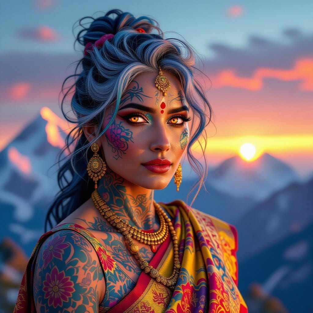 Tattooed Blue-Skinned Woman in Sari, Hyperrealistic Art
