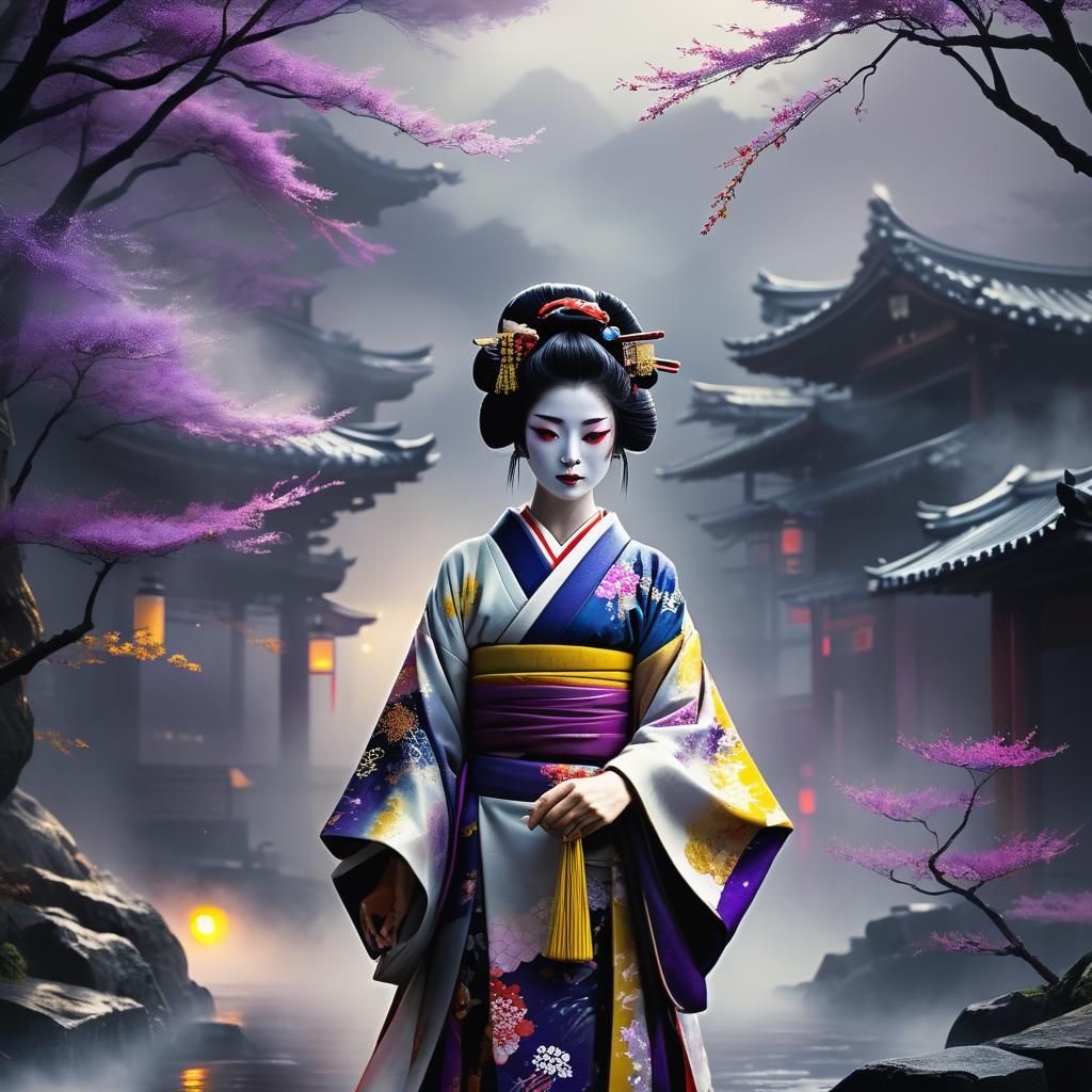 Geisha in Swirling Mist: Ukiyo-e Style Fantasy Art