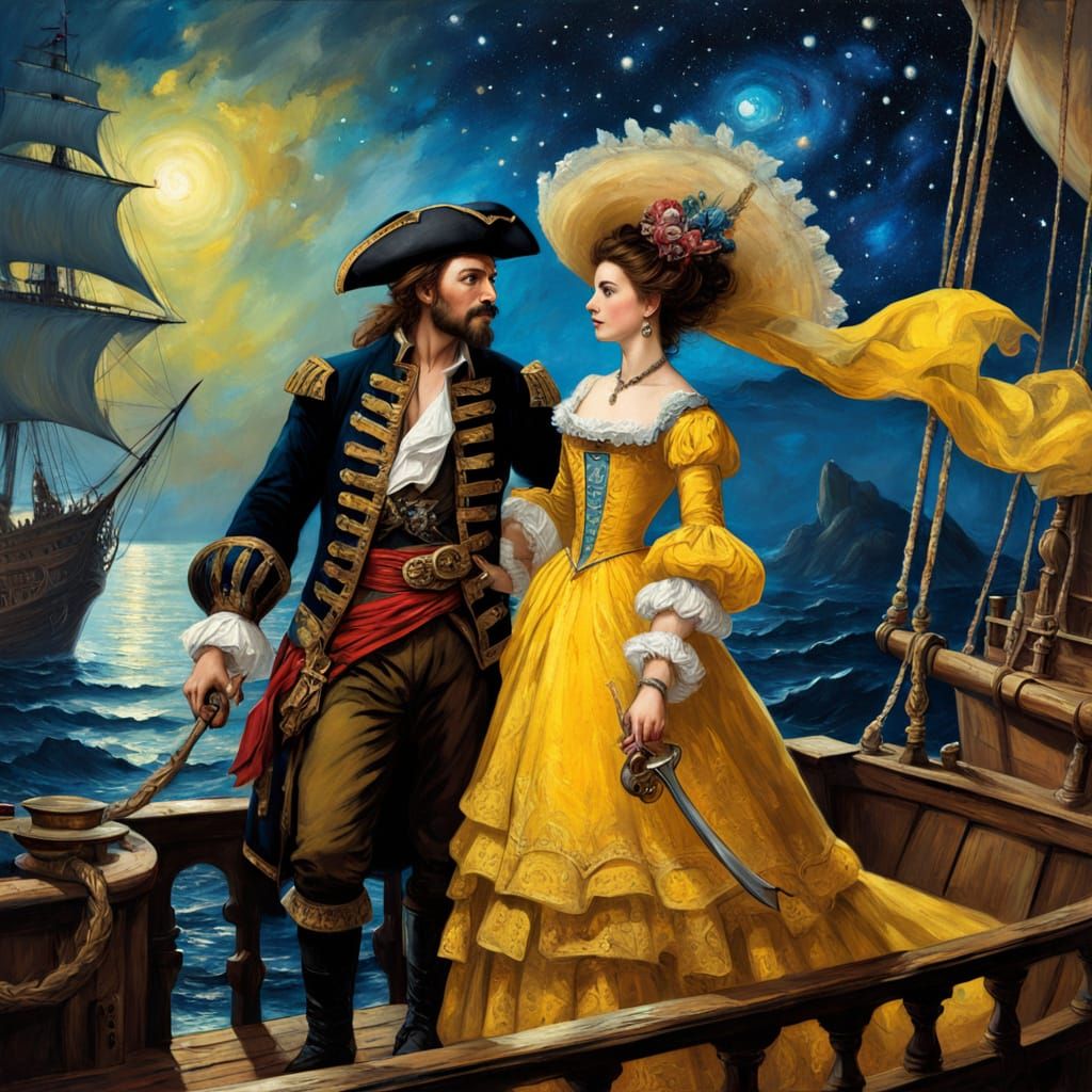Pirate King and Queen on Ship Deck in Rembrandt Style