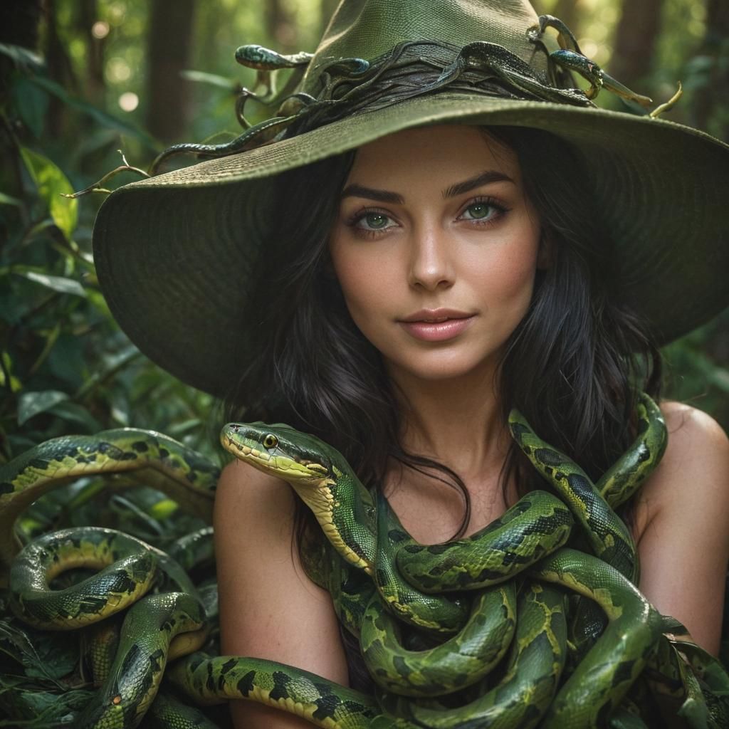 Green-Eyed Sorceress Smiling Portrait in Realism Style