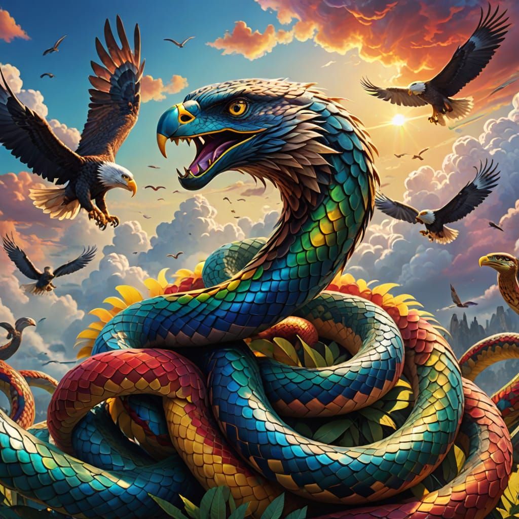 Vibrant Fantasy Snakes Soar with Eagles in the Sky