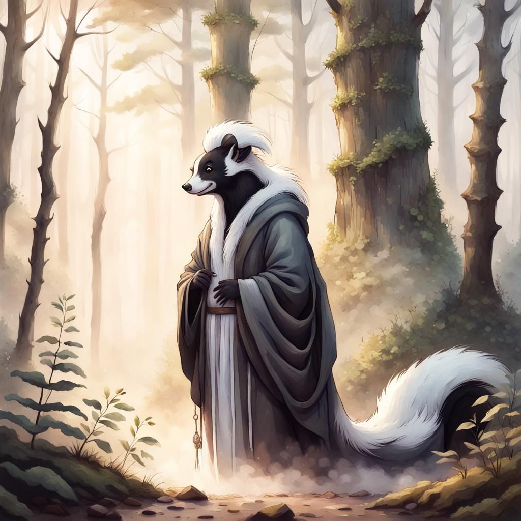 Skunk Monk in Misty Forest, Watercolor Art