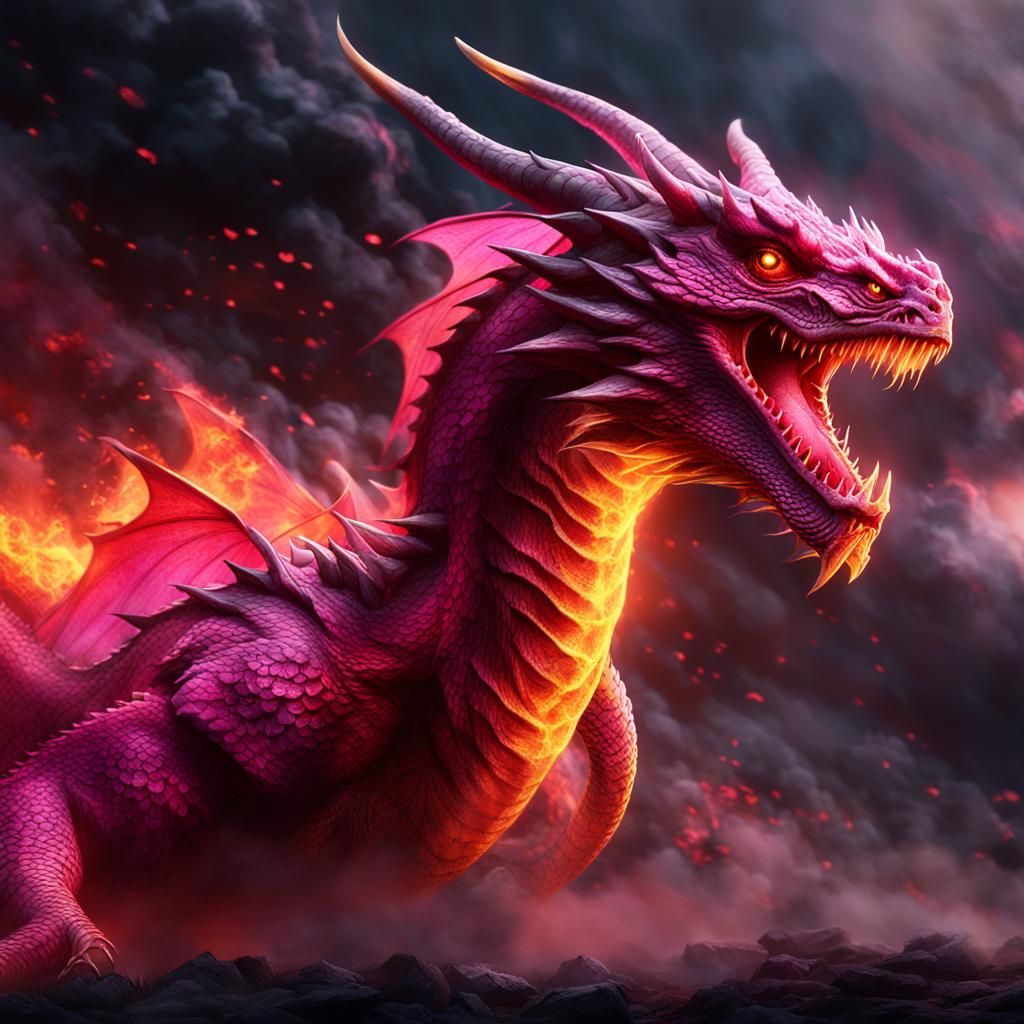 Pink Dragon Soaring Through Misty Landscape