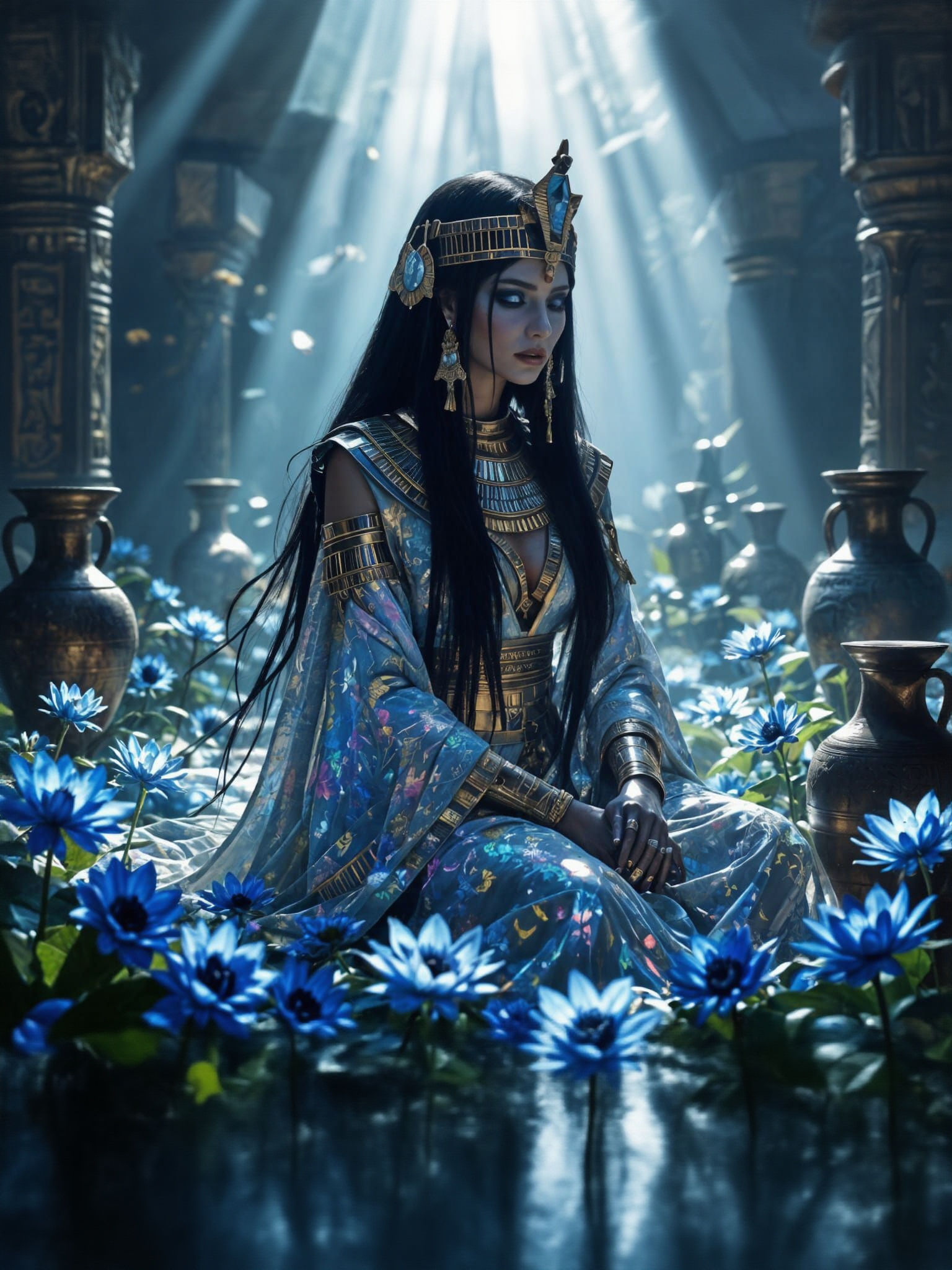 Holographic Cyborg Nephthys with Lotus Flowers