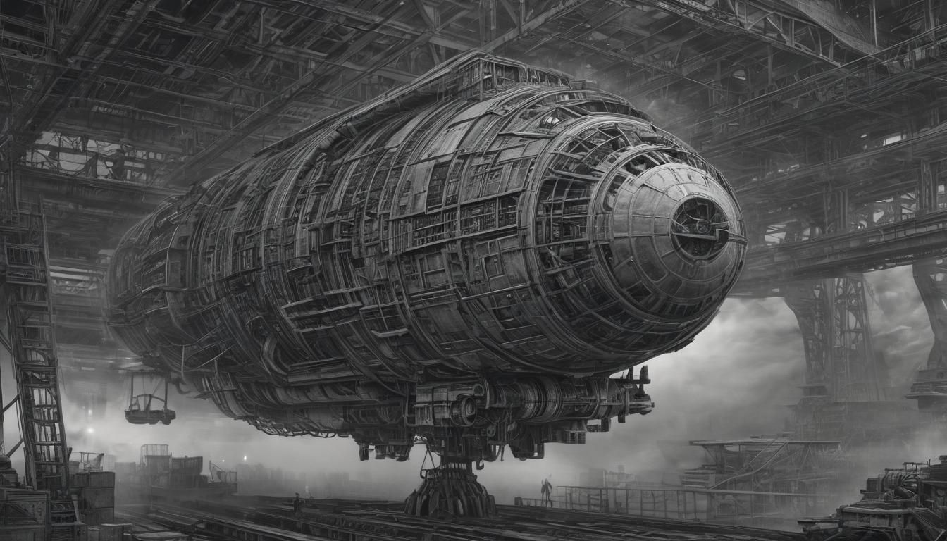 Dramatic Spaceship Blueprint in Charcoal Drawing Style