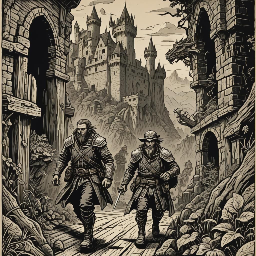 D&D Adventurer's Quest: Castle Ruins in Woodcut Style
