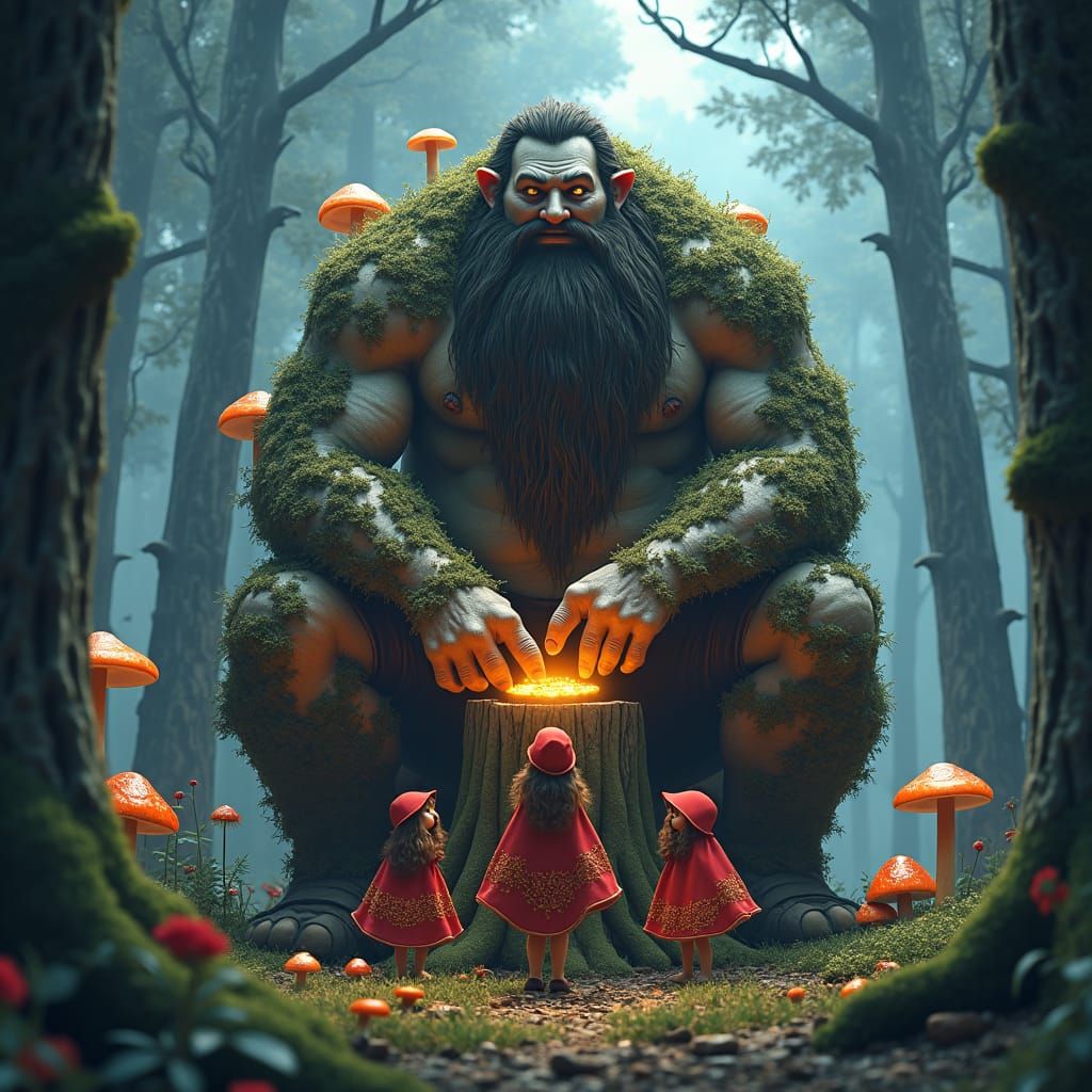 Mystical Forest Giant Feasting on Glowing Mushrooms