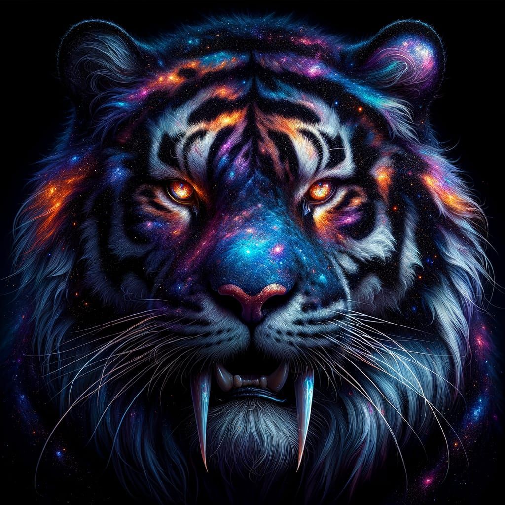 Intense Cosmic Sabertooth Tiger with Galaxy Fur