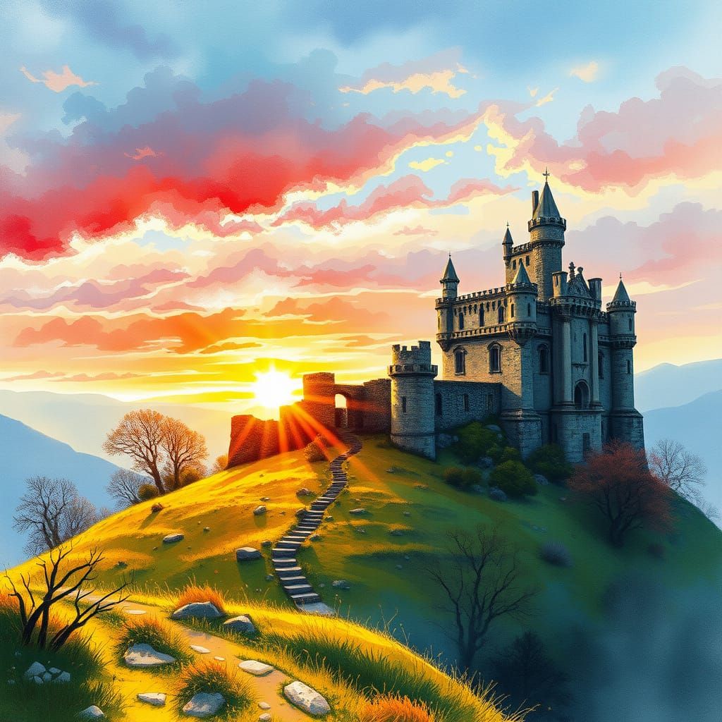 Fantastical Castle Ruins Shine in Vibrant Spring Sunrise