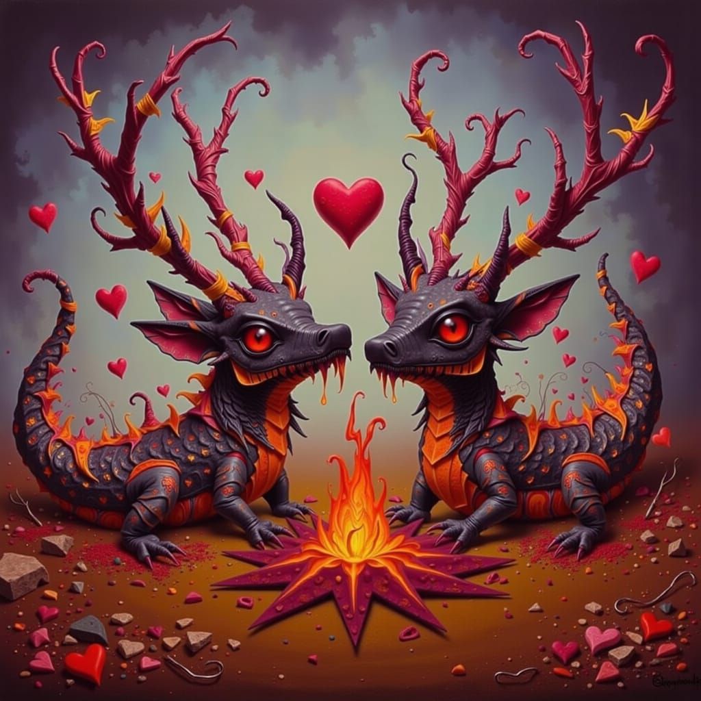 Demonic Lava Creatures Embrace Beside Volcano in Pastel Colo...