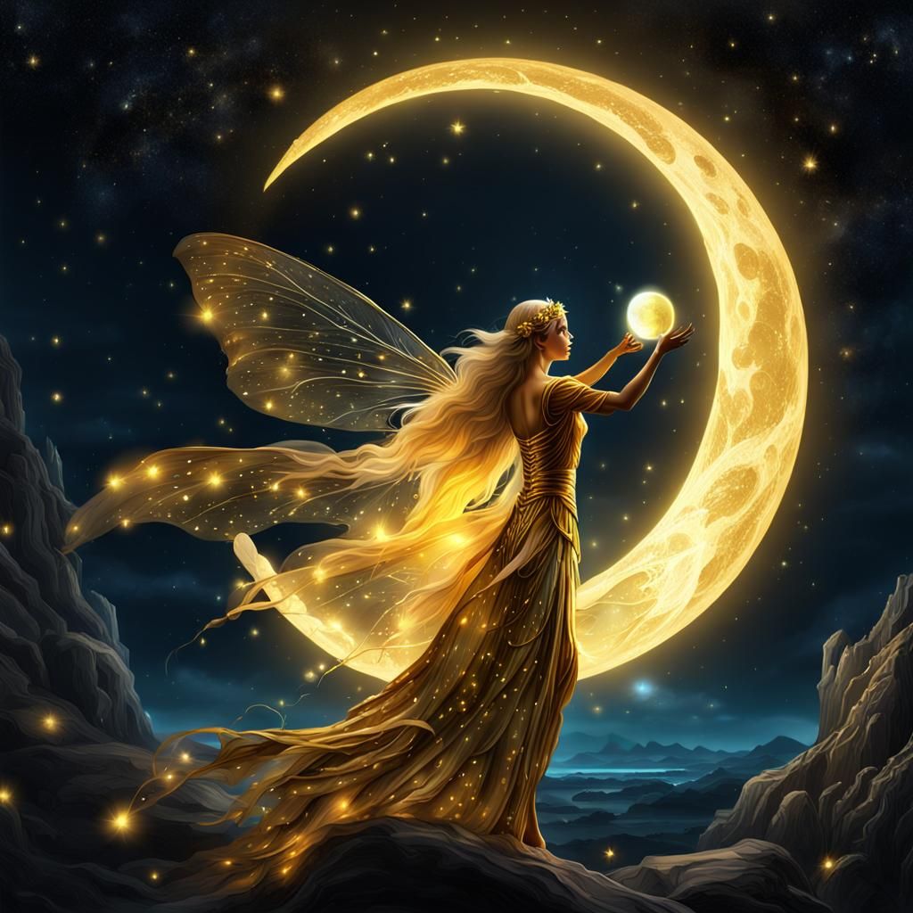 A beautiful golden fairy holding a light in the darkness, beautiful bioluminescent Moon in the distance