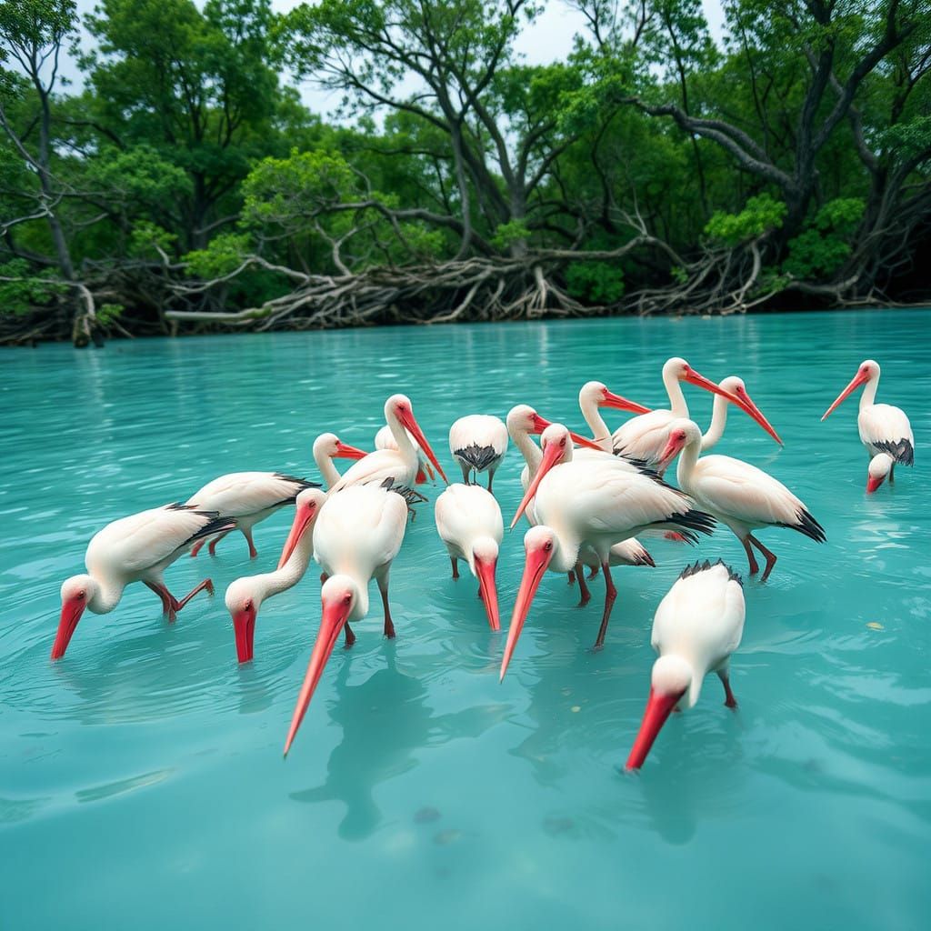 Roseate Spoonbills Congregate in Crystal Clear Waters with M...