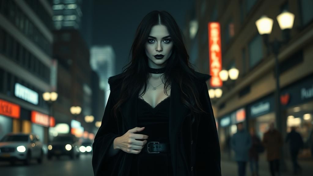 Beautiful, slender gothic girl in a very short black mini dr...