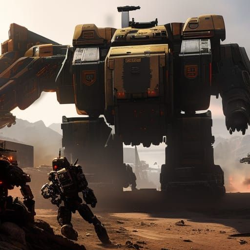 Giant Mechs Clash on Battlefield in Photorealistic Style