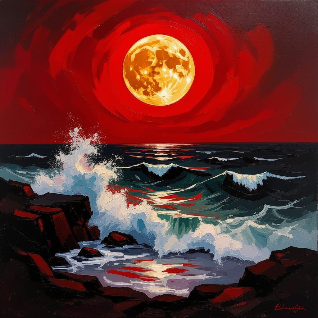Violent Red Sea Under Blood Moon in Expressionist Style
