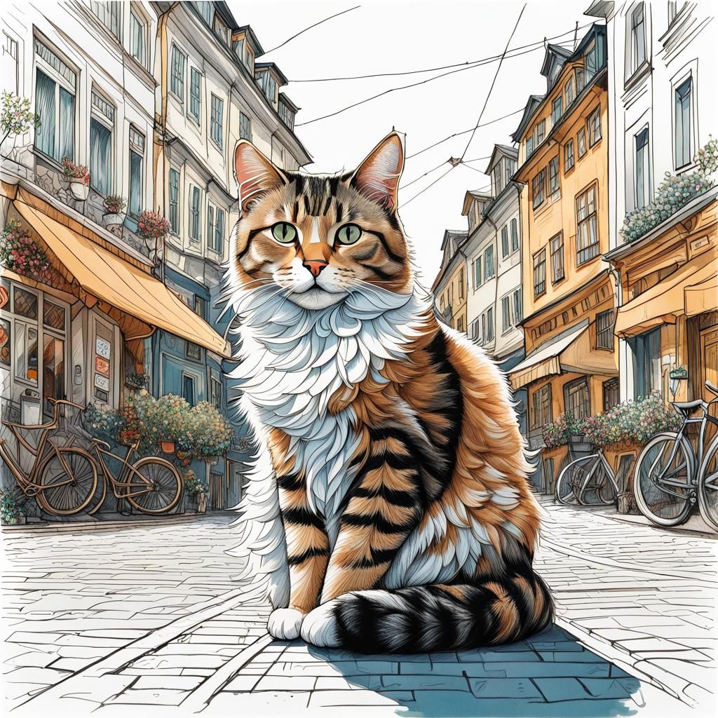 Detailed Sketch of Cat in German City