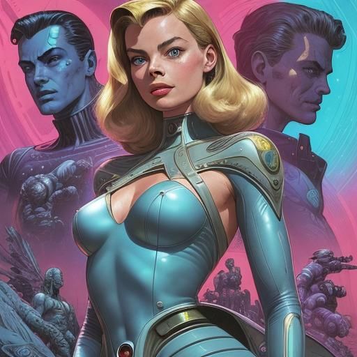 Sci-Fi Illustration, Retrofuturism, 1950's art, Margot Robbie by Coby Whitmore, Mœbius, Philippe Druillet, bandes dessin...
