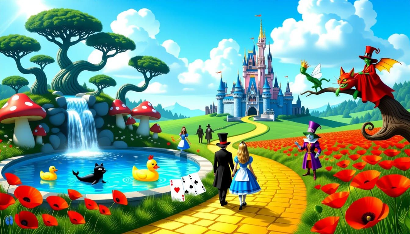 Surreal Wonderland Landscape with Dragons and Fairy-Tale Ele...