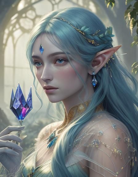 Elven being in crystal glass castle in flowing elven dress.