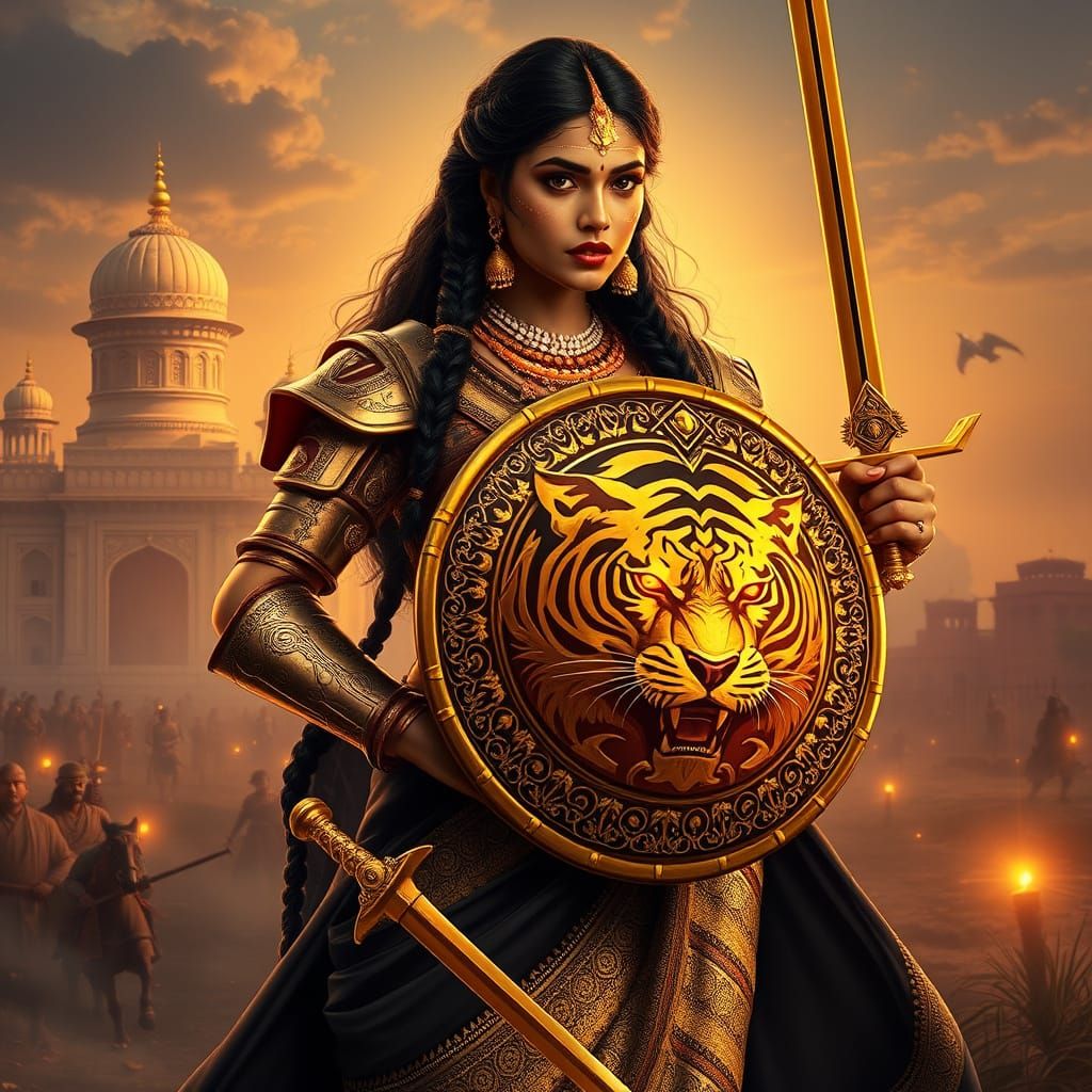 Regal Indian Warrior Queen in Opulent Battle Attire