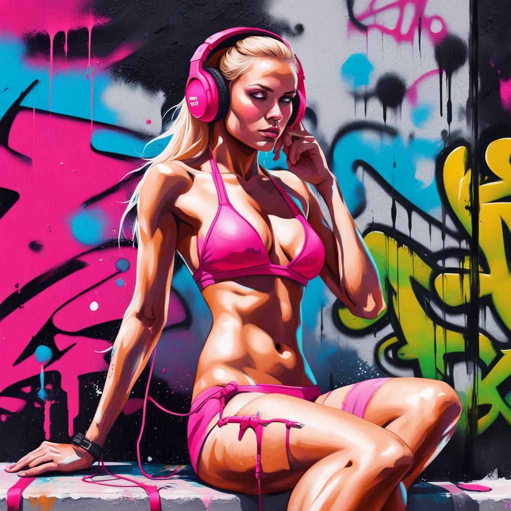 Athletic Girl in Pink Bikini: Graffiti Art
