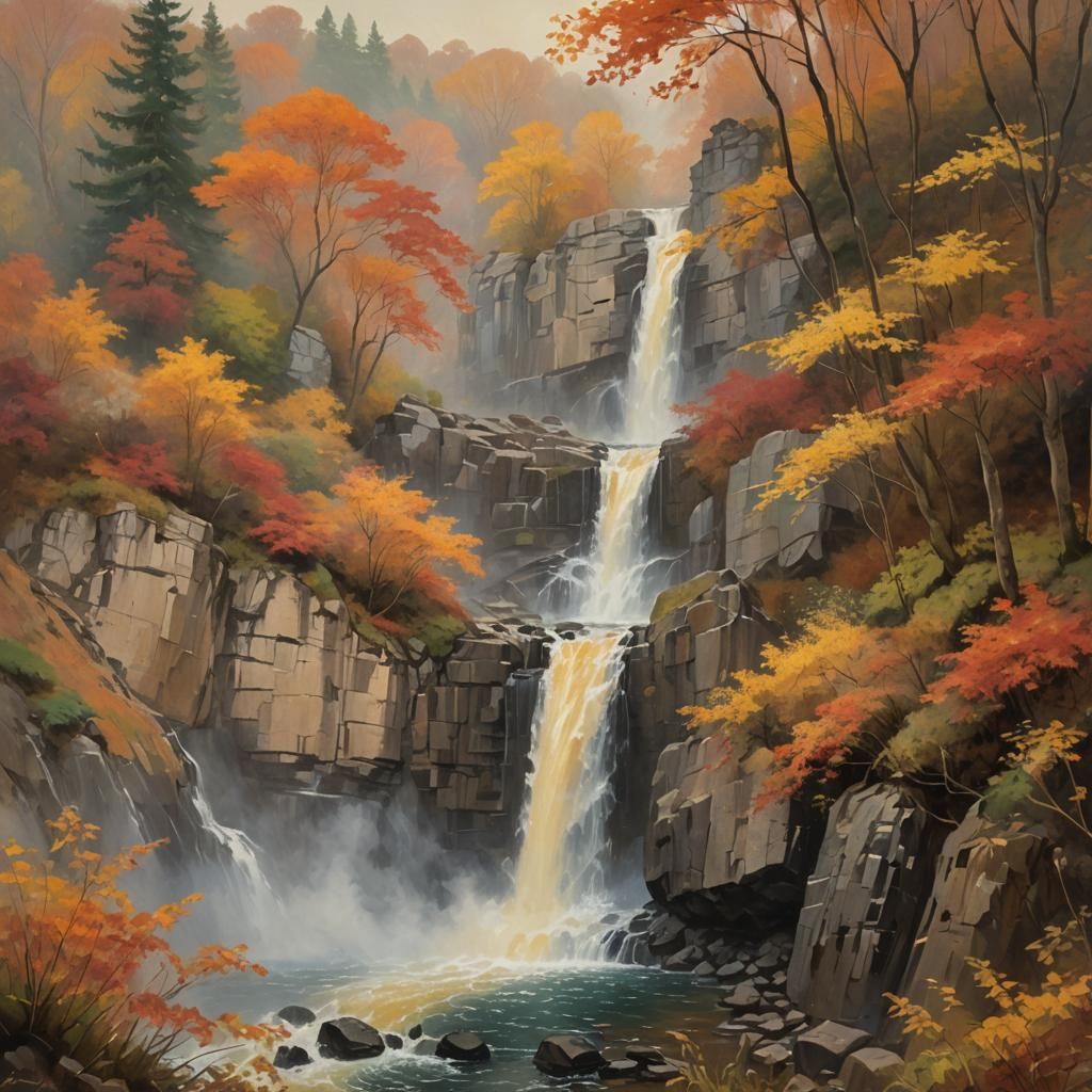 Autumn Waterfall in Impressionist Style