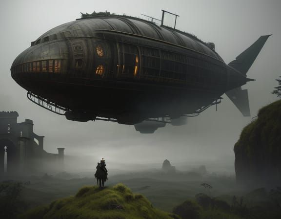 Giantess Sleeping on Moss Plain with Steampunk Airship