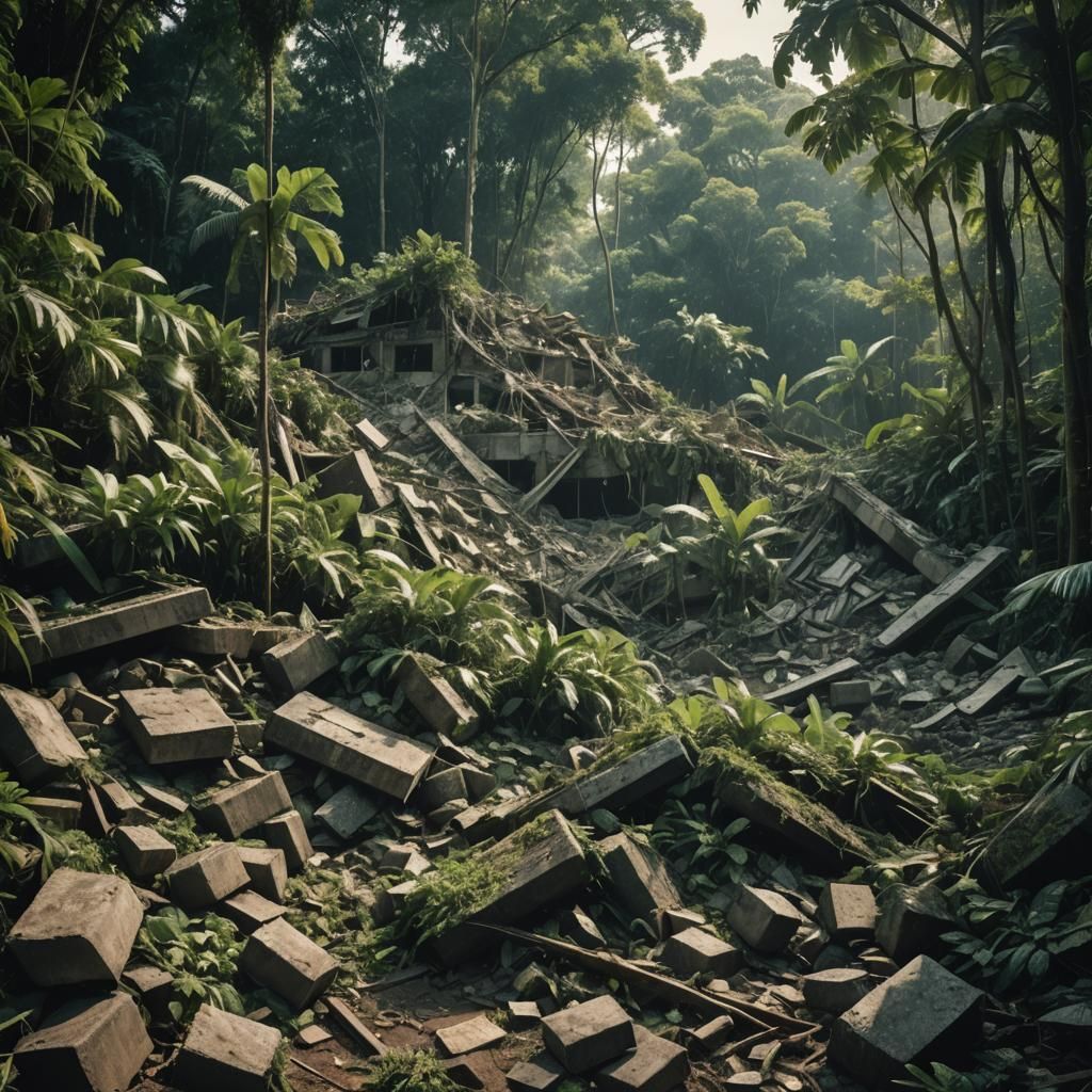 Piles of rubble covered in jungle growth